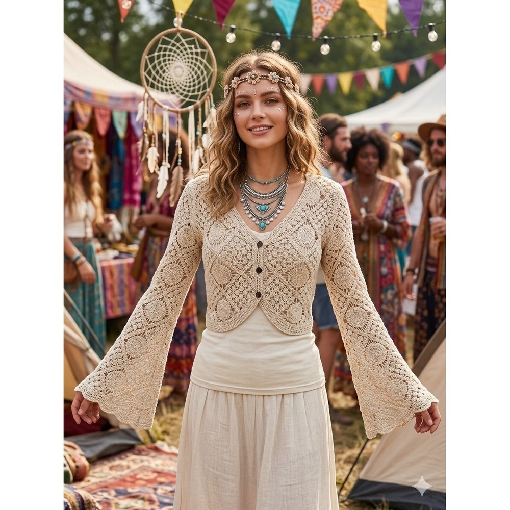 Festival Crochet Cardigan Boho Hippie Flare Sleeve Women XS Cropped Cream Button